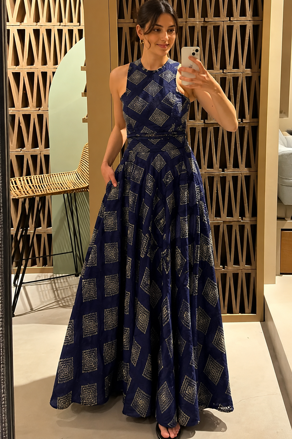 Deep Navy Mul Embroidered Fabric