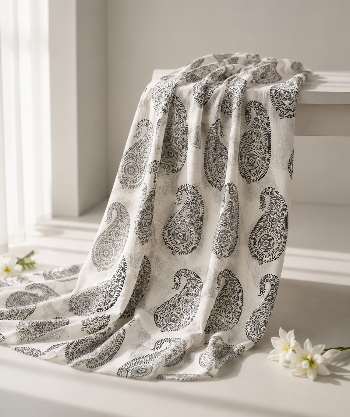 Pure Chanderi Silk Fabric With Black Hand Block Prints