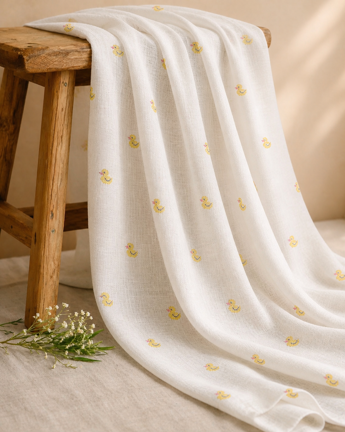 White Linen Fabric With Duck Embroidery