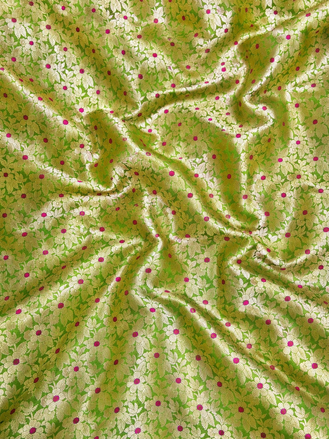 Green Meenakari Pure Katan Silk Allover Floral Jaal Fabric