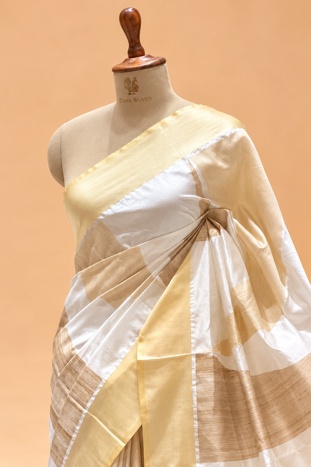 White Pure Silk Fusion Saree With Tusser Silk Panelss