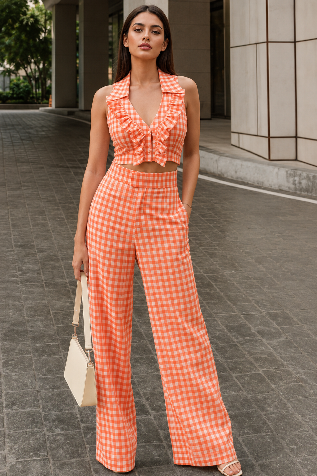 Orange Printed Mul Checkered Fabric