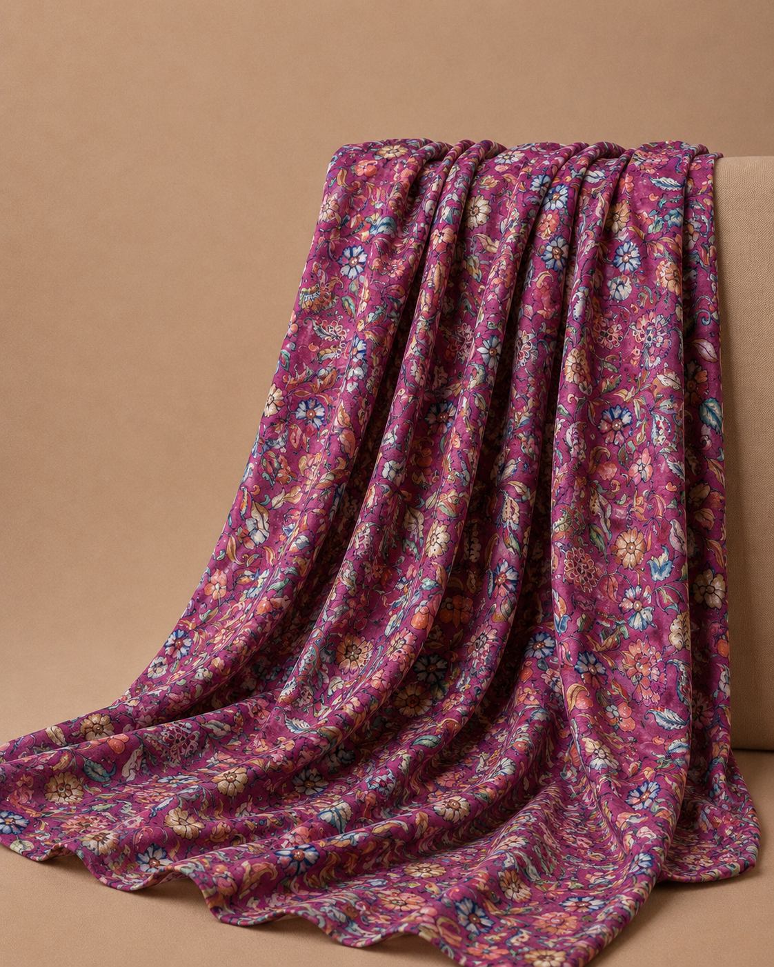 Magenta Tussar Kalamkari Printed Fabric