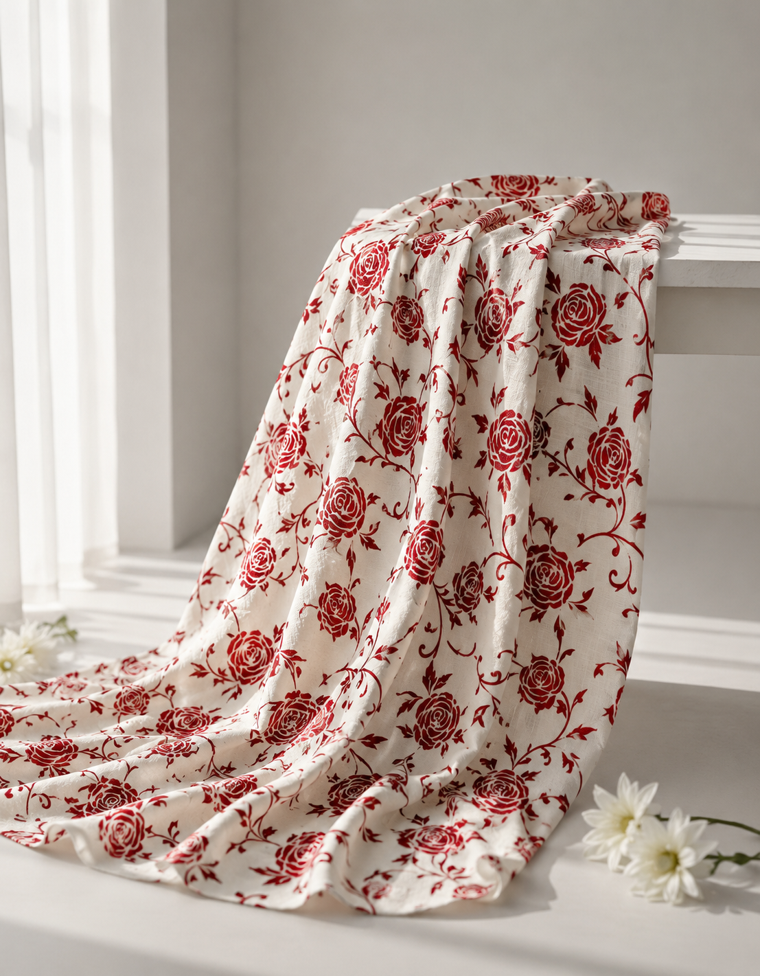 Pure Chanderi Silk Fabric With Red Hand Block Prints