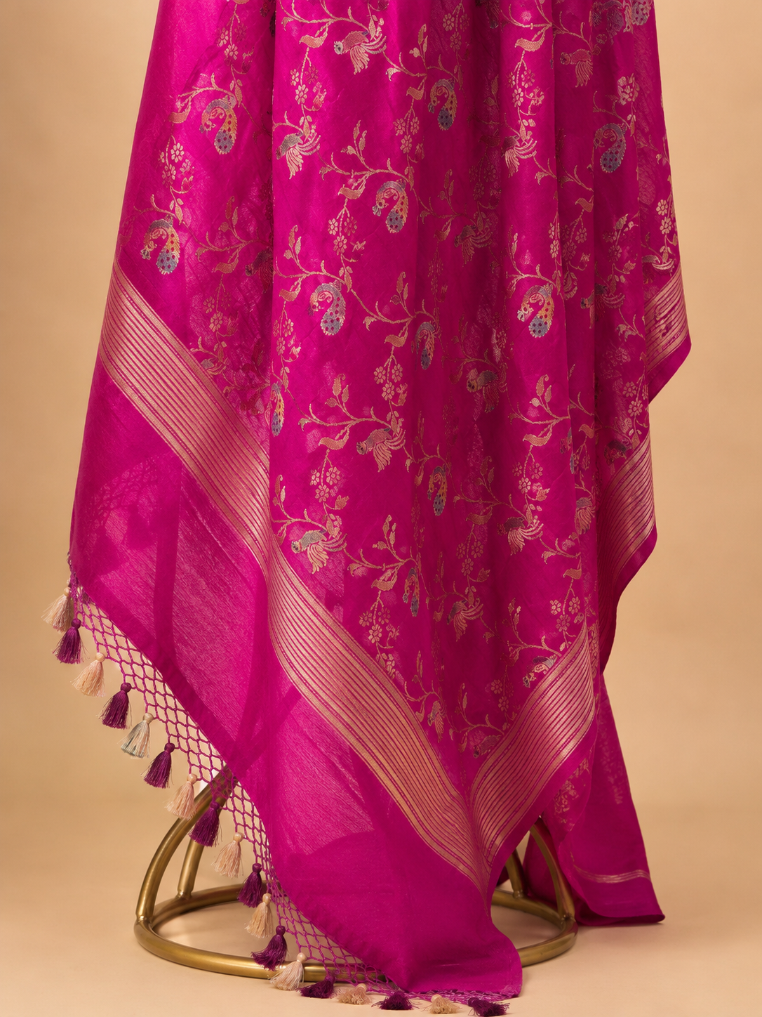 Hand Brush-Dyed Moonga Silk Dupatta with Floral Vine and Bird Motifs