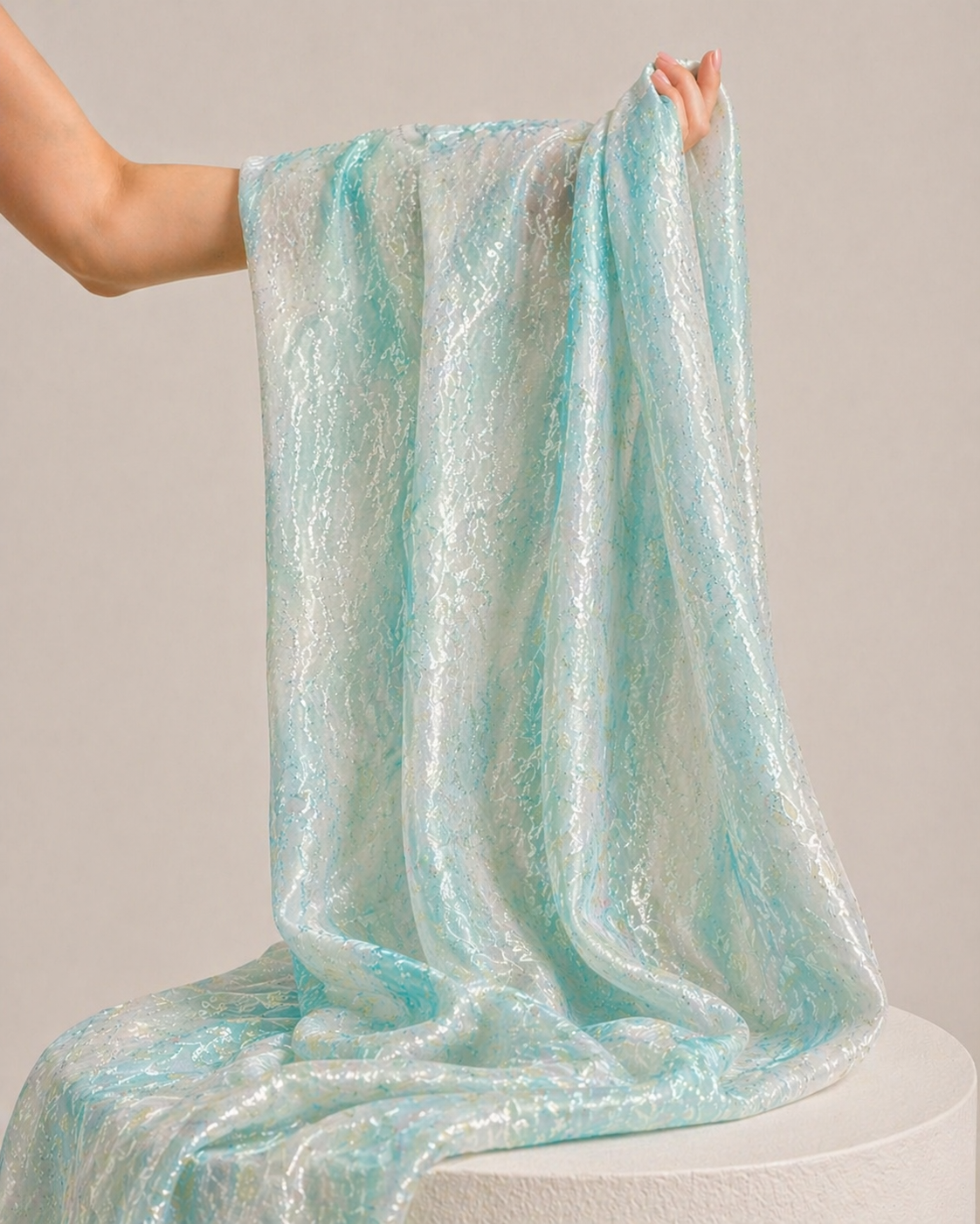 Pastel Blue Rangkaat Dye Pure Mul Cotton Fabric With Sequin Embroidery