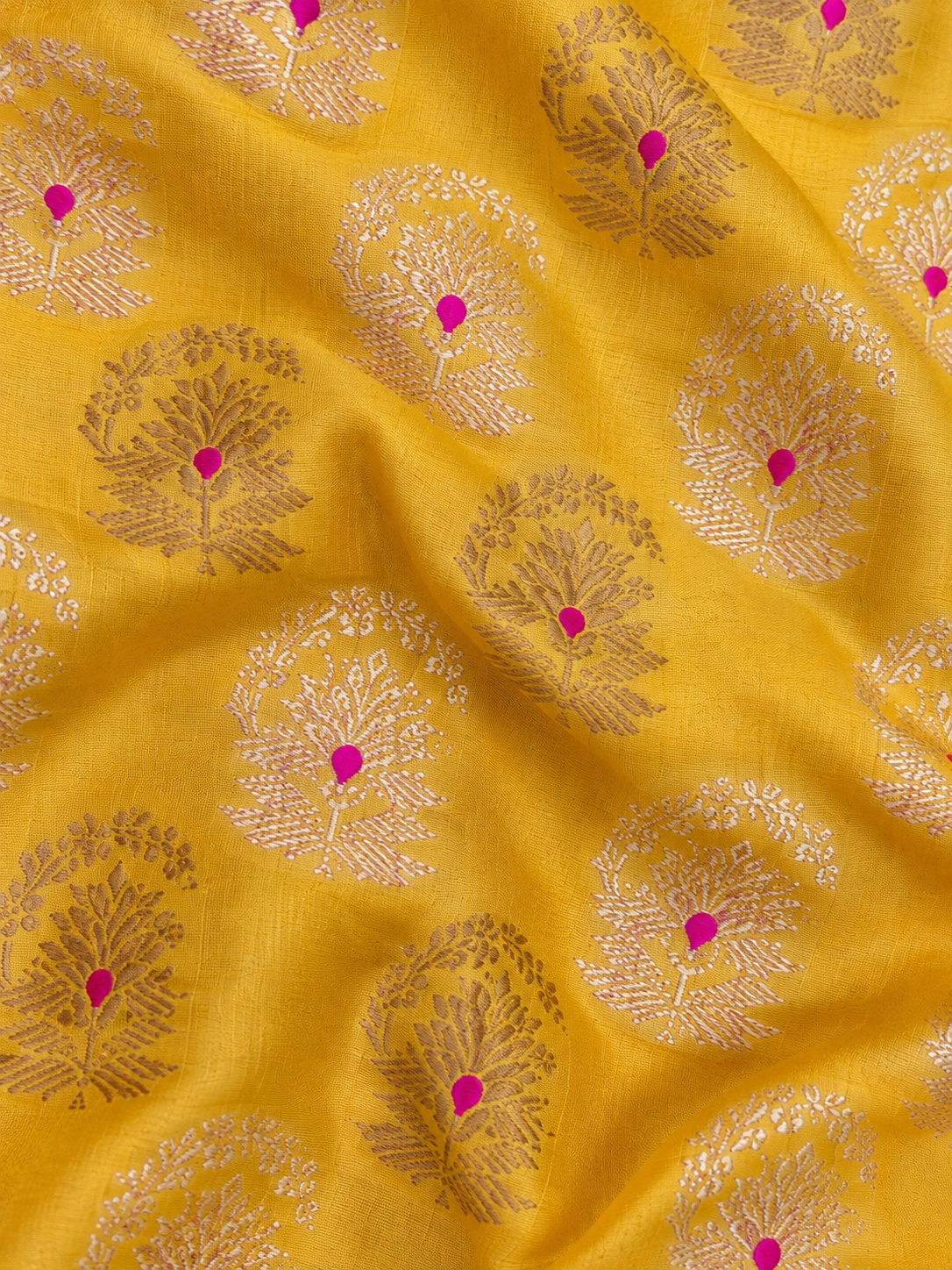 Yellow Pure Katan Silk Floral Meenakari Motif Fabric