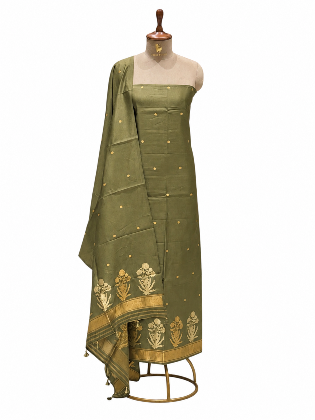Olive Green Pure Silk Suit Set With Statement Bootas
