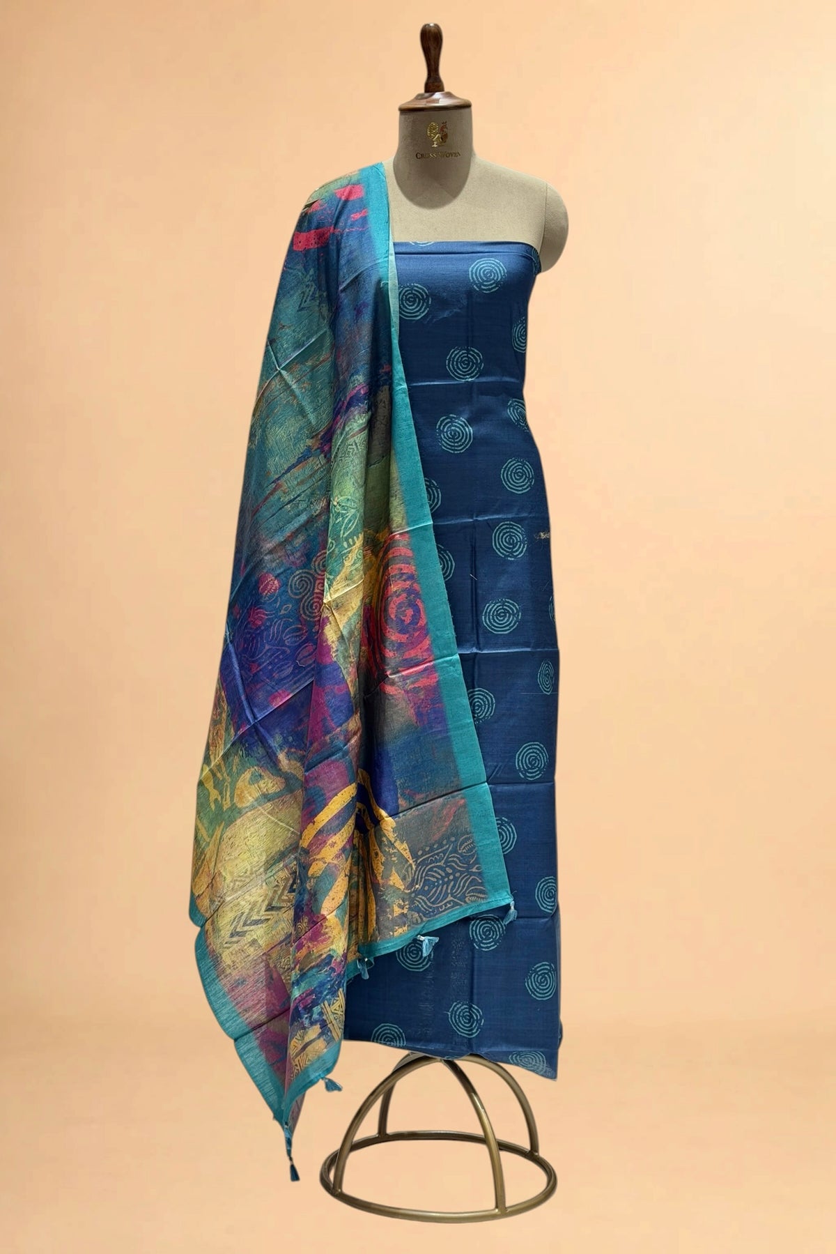 Blue Printed Pure Banarasi Munga Silk Suit Set