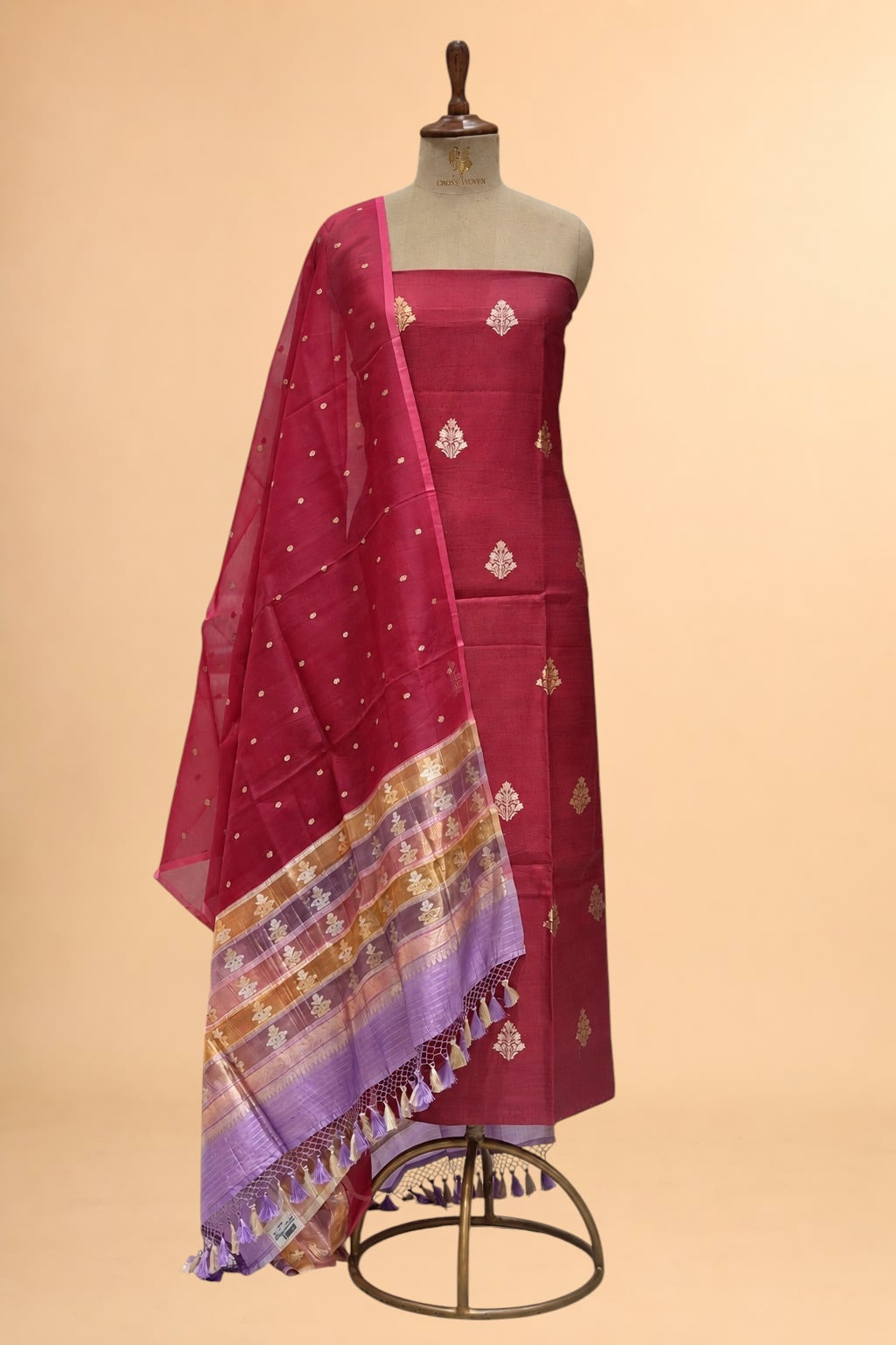Burgundy Pure Chiniya Silk Suit With Organza Dupatta 