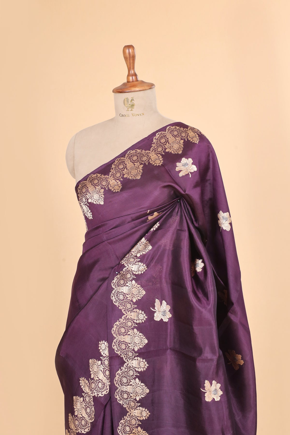 Deep Purple  Pure Banrasi Soft Silk Saree With Floral Motifs