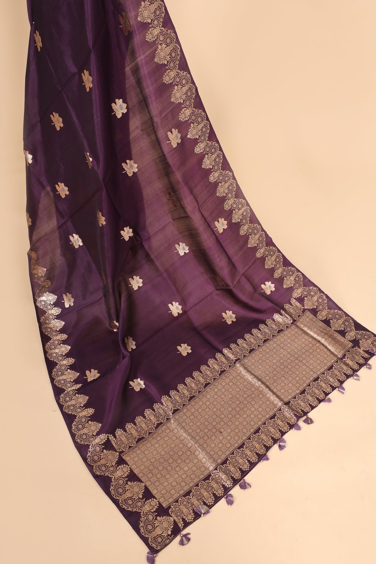 Deep Purple  Pure Banrasi Soft Silk Saree With Floral Motifs