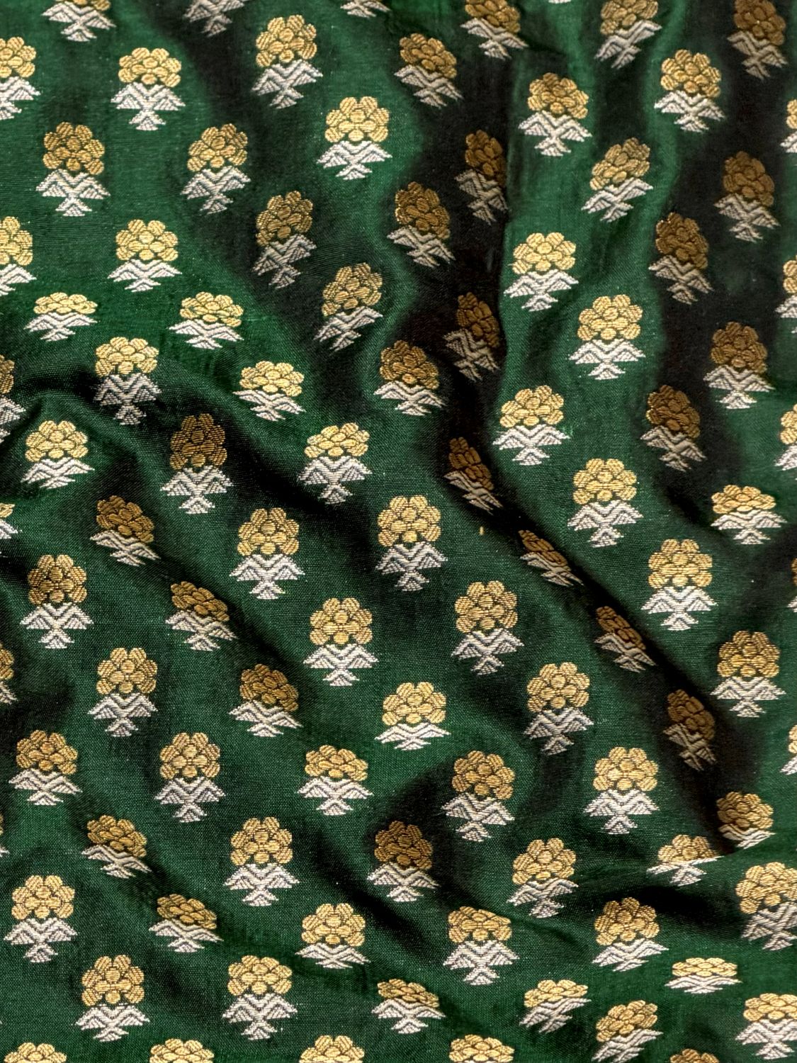Emerald Green Katan Silk Sona - Rupa Allover Floral Booti Fabric