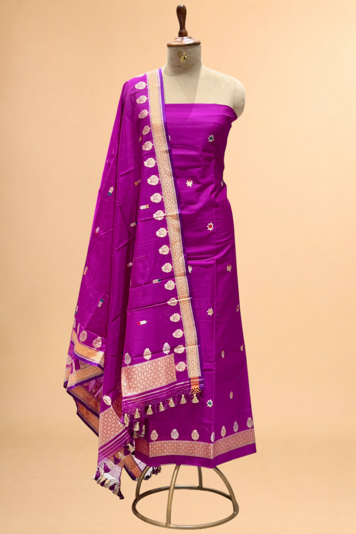 Magenta Pink Premium Cotton Banarasi Suit With Meenakari Floral Motif