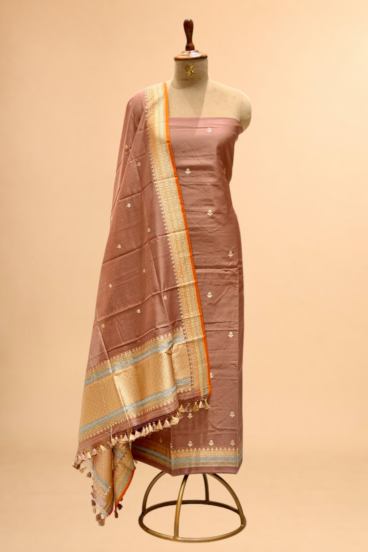 Mauve Brown Premium Cotton Banarasi Suit With Meenakari Floral Motif