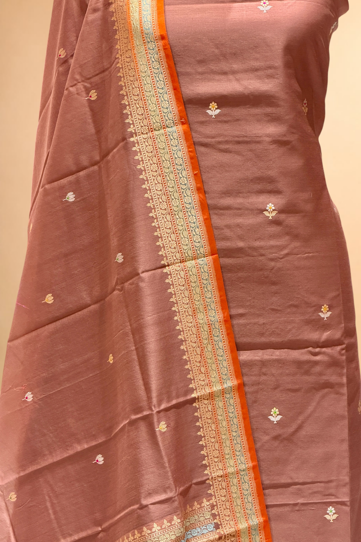 Mauve Brown Premium Cotton Banarasi Suit With Meenakari Floral Motif