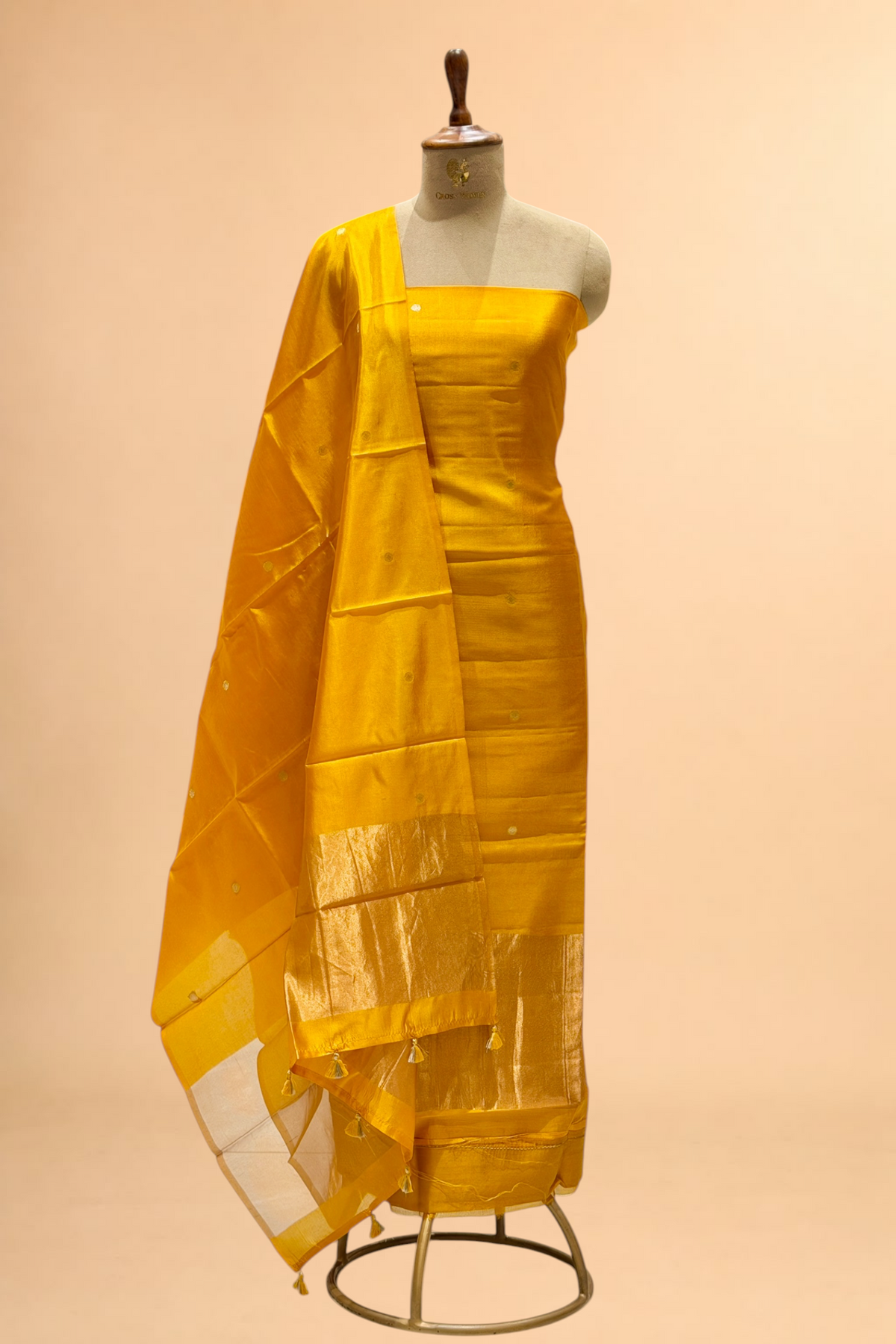 Mustard Yellow Soft Silk Suit Set With Tissue Border Dupatta