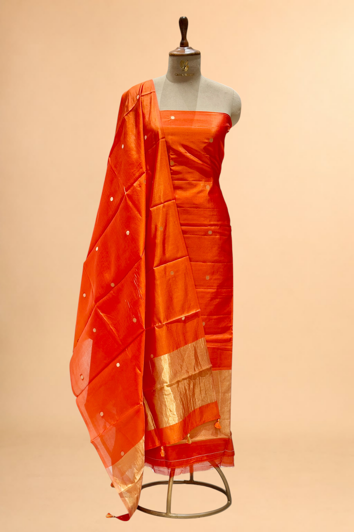 Orange Soft Silk Suit Set With Tissue Border Dupatta