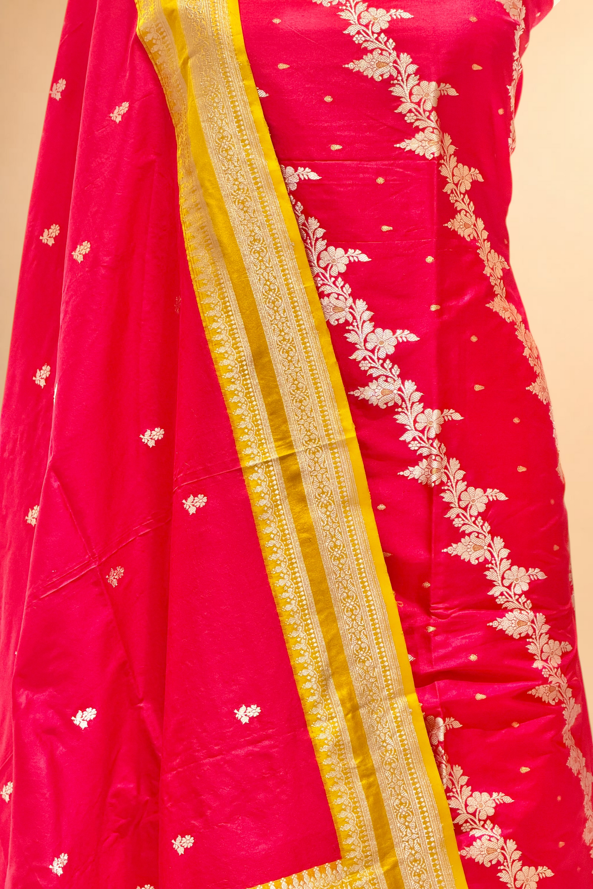 Red Katan Silk Suit with Contrast Border Dupatta