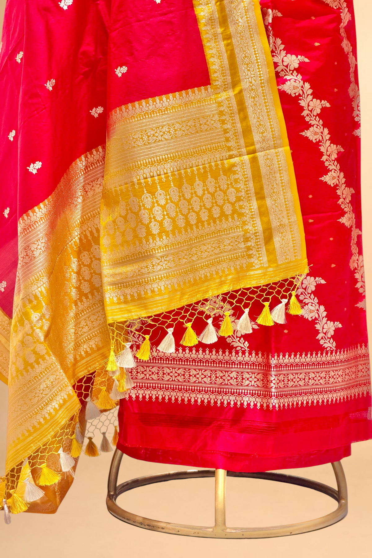 Red Katan Silk Suit with Contrast Border Dupatta