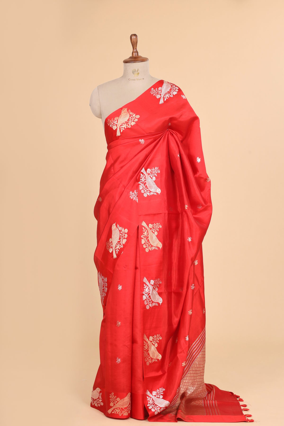 Red Pure Banrasi Soft Silk Saree With Bird Motifs