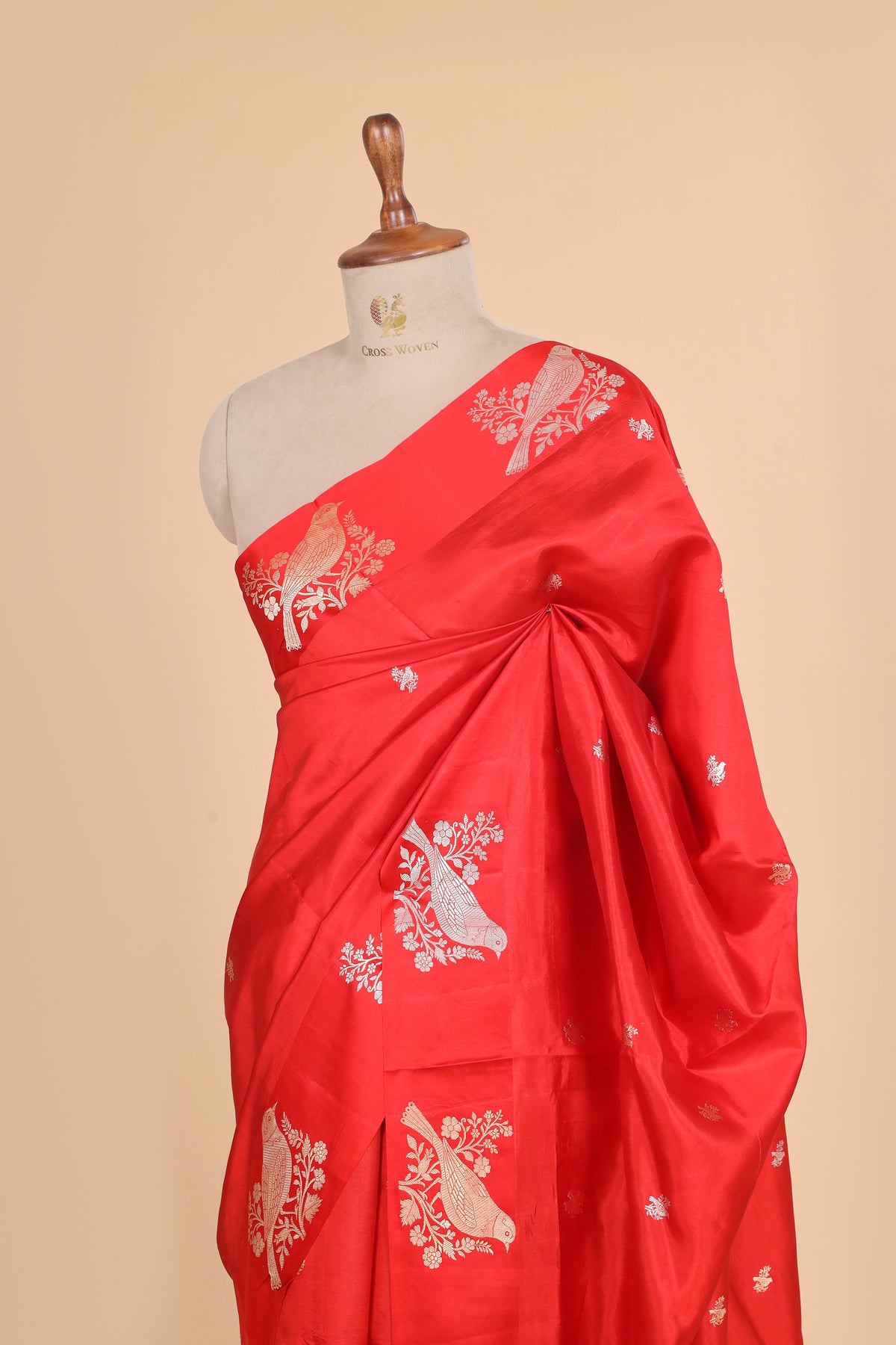 Red Pure Banrasi Soft Silk Saree With Bird Motifs
