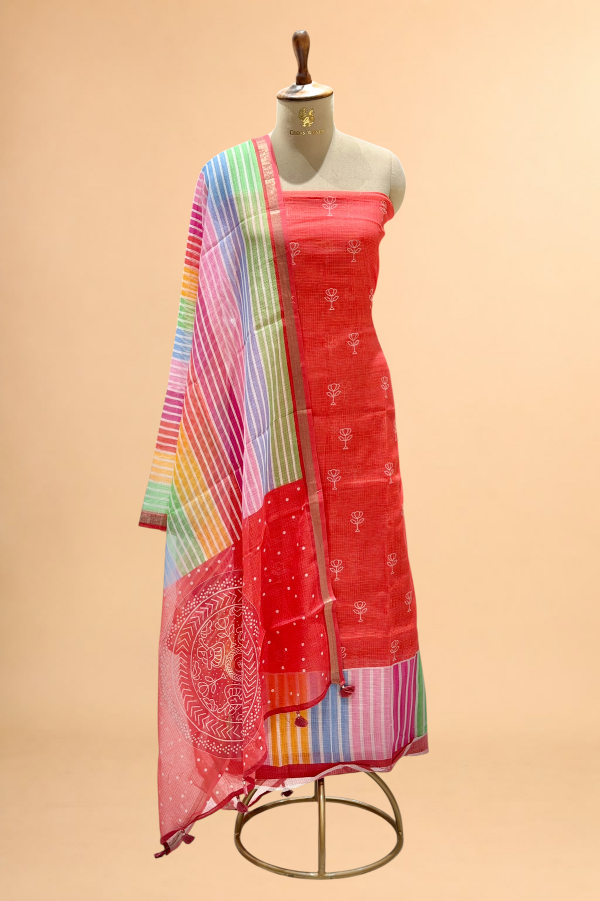 Red Pure Kota Silk Suit Sets With Stripe Dupatta