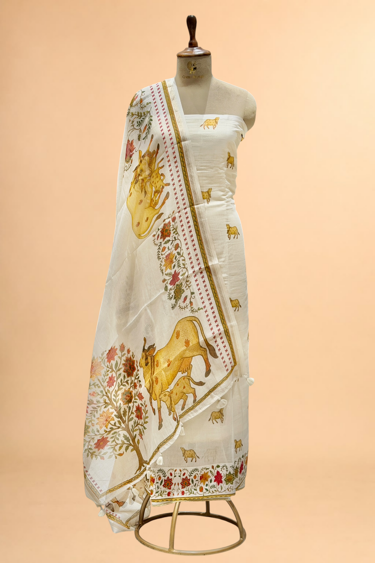 White Pure Mul Cotton Suit Set With Pichwai Dupatta