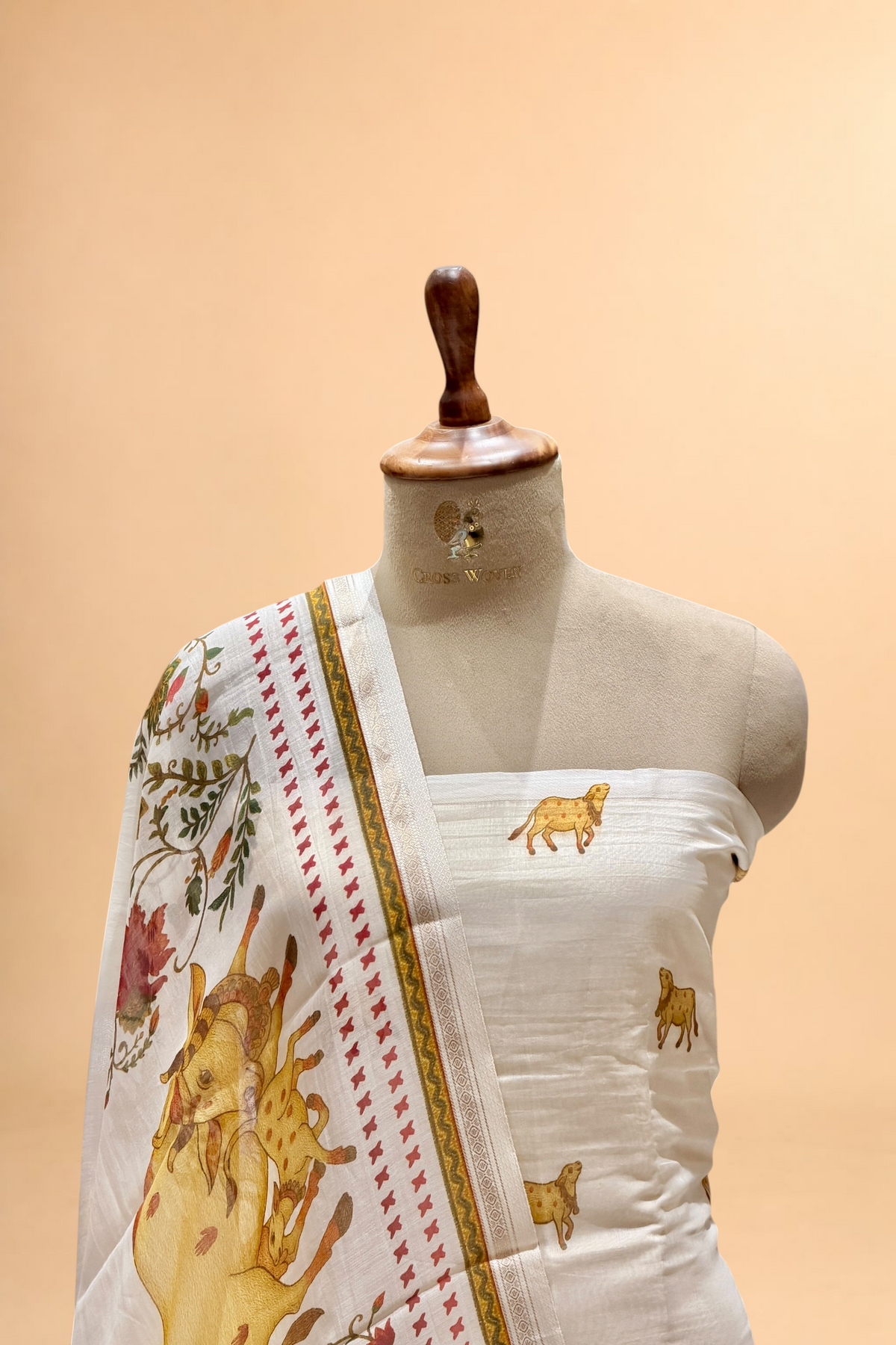 White Pure Mul Cotton Suit Set With Pichwai Dupatta