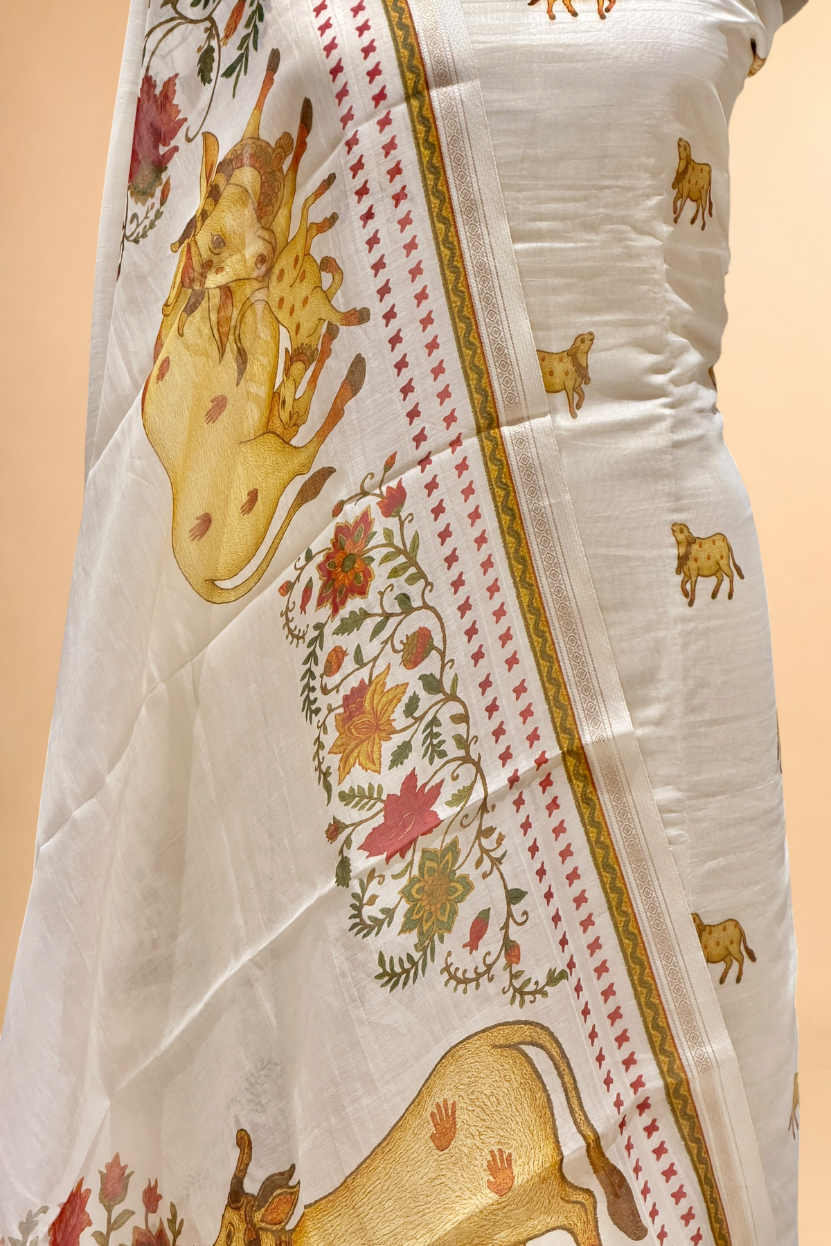 White Pure Mul Cotton Suit Set With Pichwai Dupatta