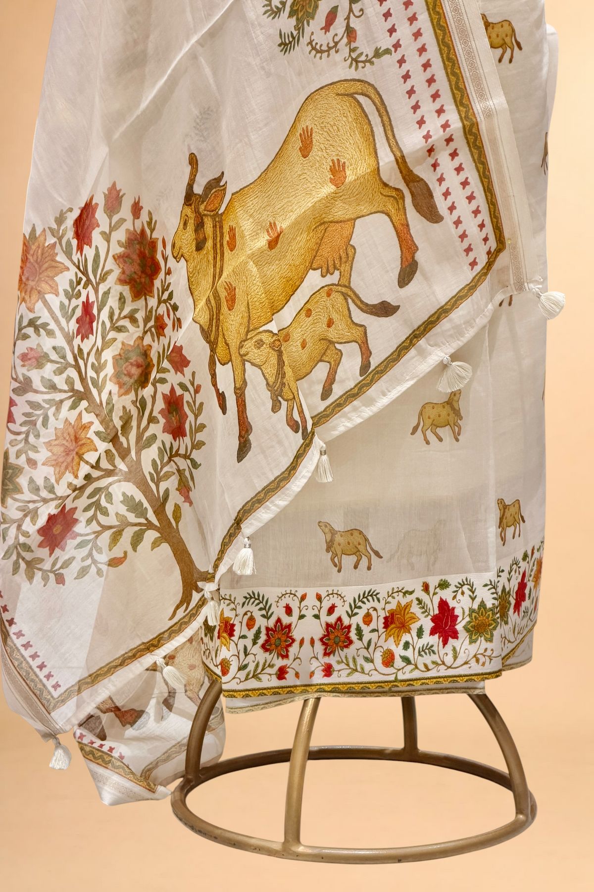 White Pure Mul Cotton Suit Set With Pichwai Dupatta