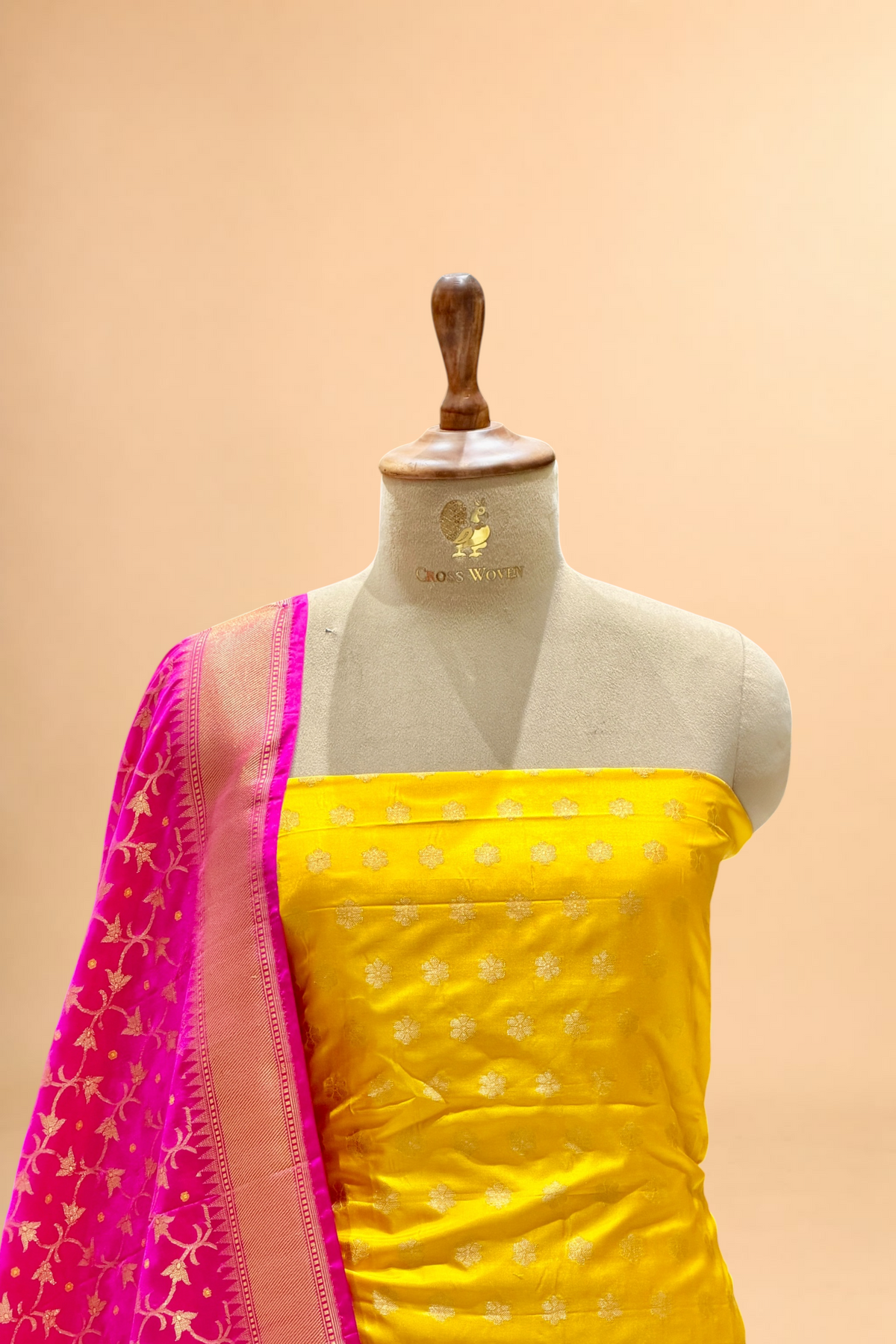 Yellow Pure Katan Suit Set With Pink Dupatta