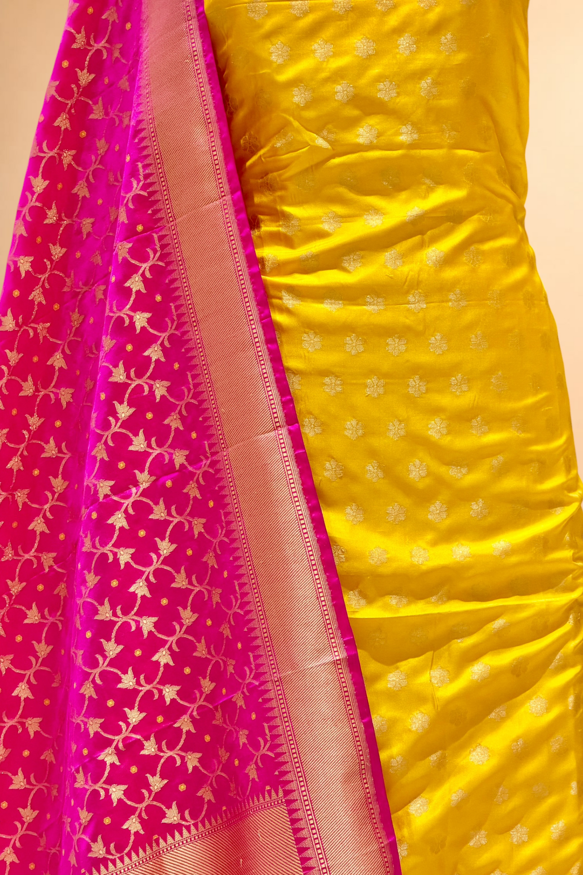 Yellow Pure Katan Suit Set With Pink Dupatta