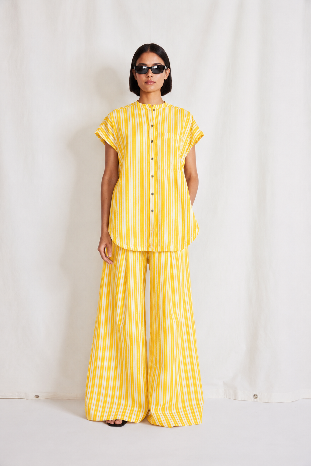 White & Yellow Striped Mul Fabric