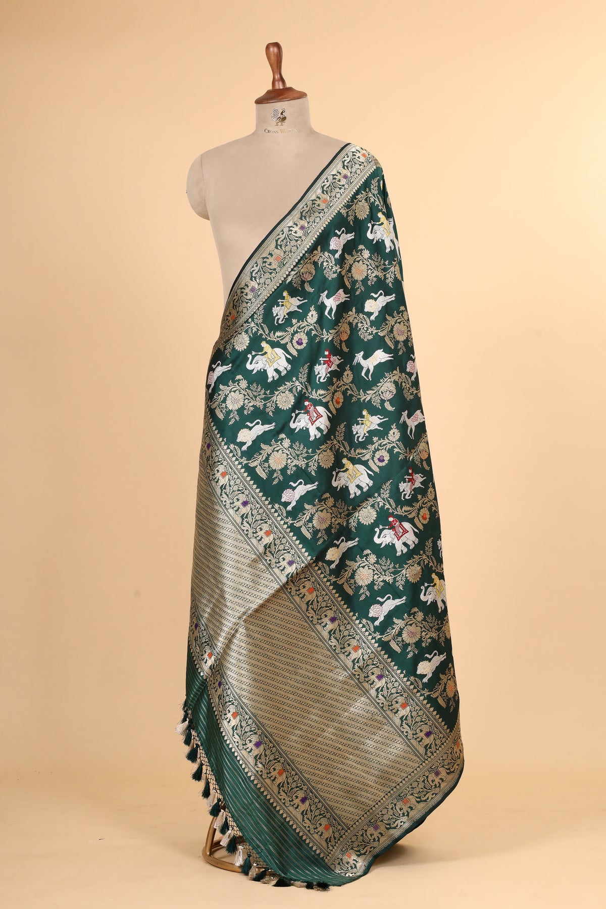 Bottle Green Shikarghah Meenakari Pure Katan Silk Banarasi Handloom Dupatta