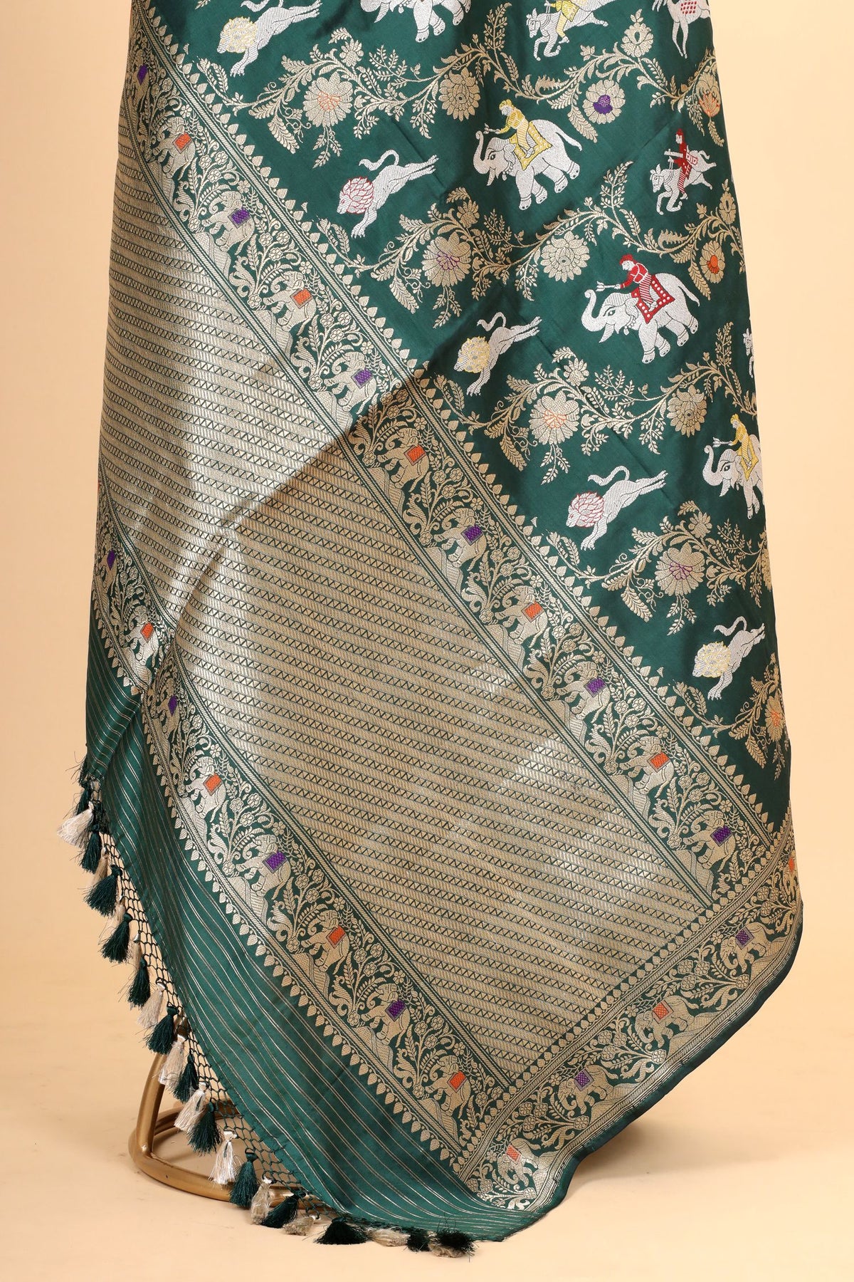 Bottle Green Shikarghah Meenakari Pure Katan Silk Banarasi Handloom Dupatta