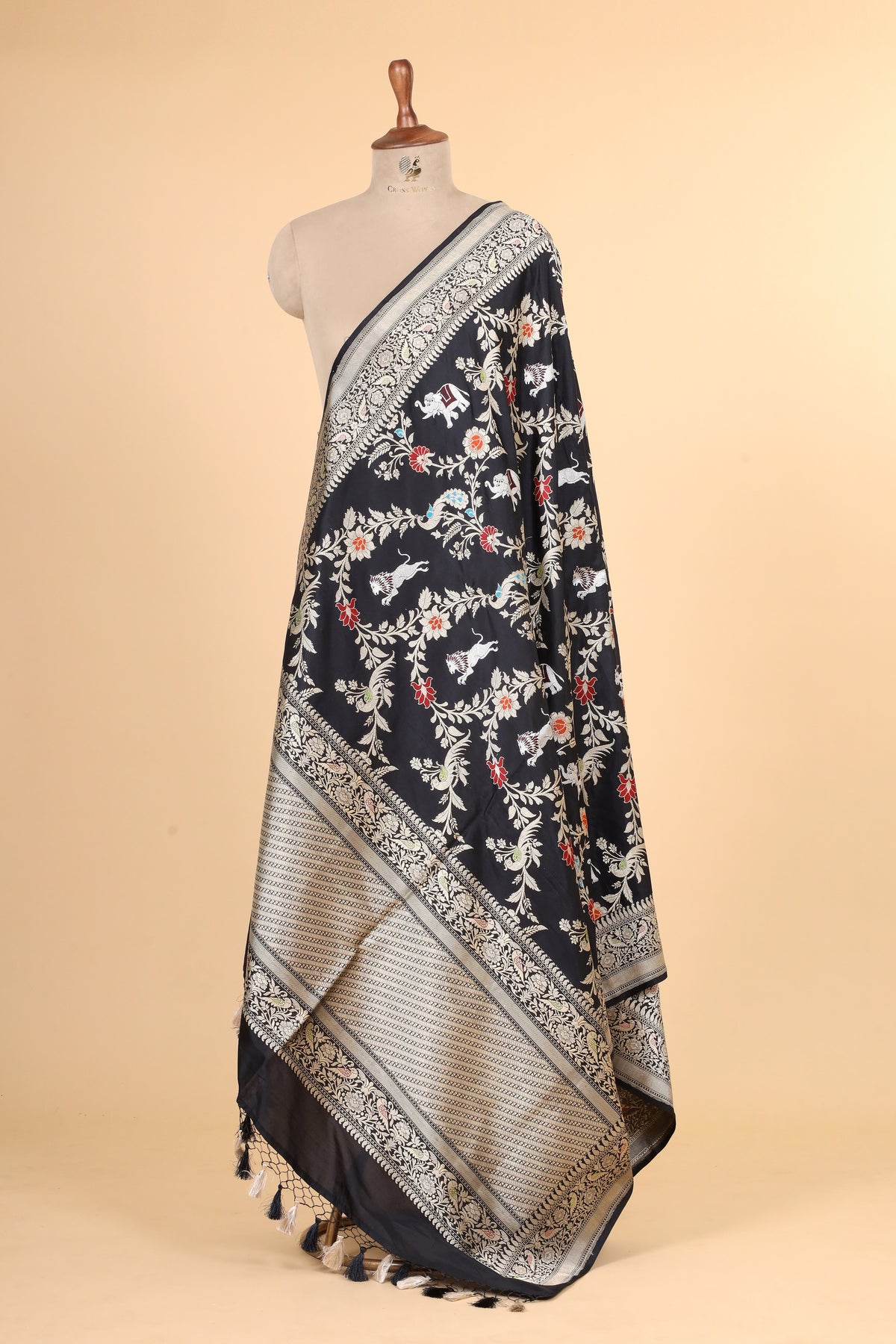 Black Shikarghah Meenakari Pure Katan Silk Banarasi Handloom Dupatta