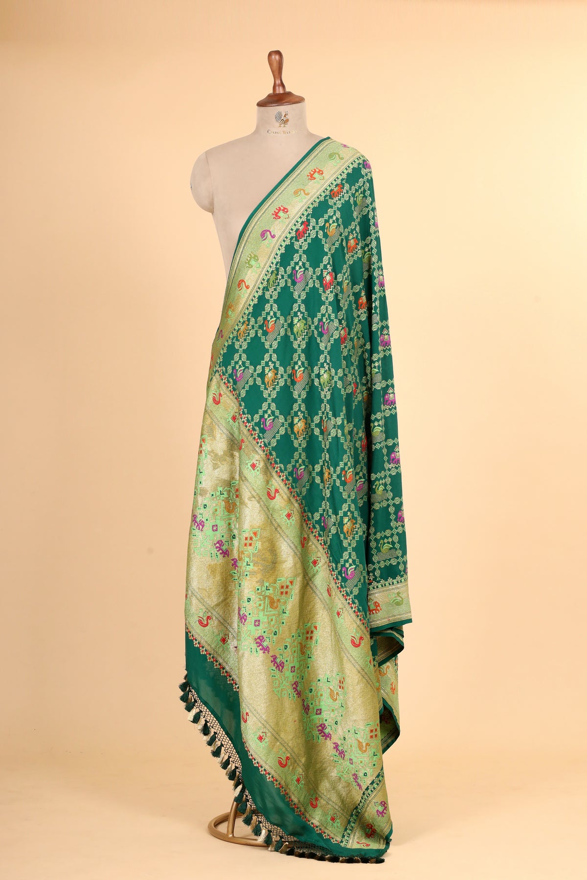Emerald Green Shikarghah Meenakari Georgette Khaddi Banarasi Handloom Dupatta