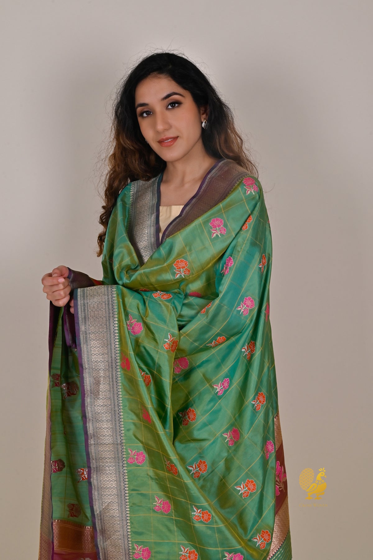 Dual Tone Green Pure Katan Silk Banarasi Handloom Dupatta
