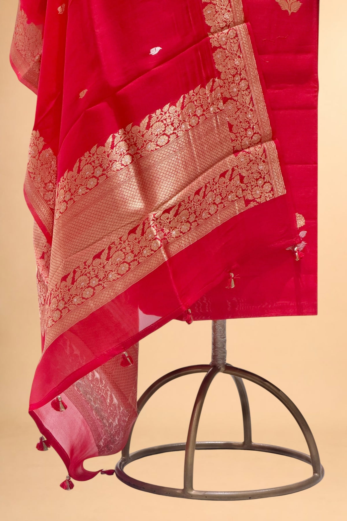 Red Pure Chiniya Silk Suit Set with Organza Dupatta 