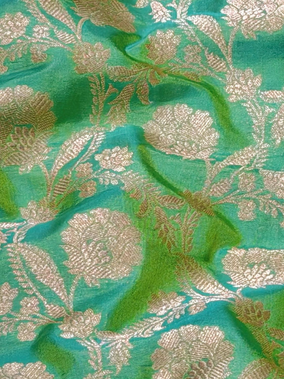 Dual Tone Peacock Green Allover Jaal Pure Katan Silk Fabric