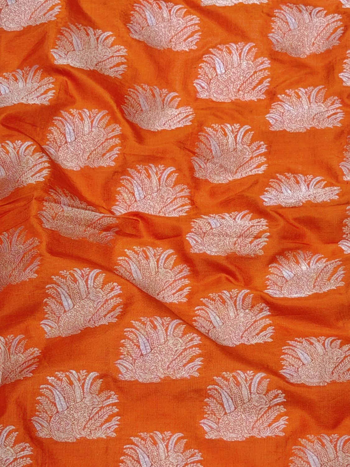 Orange Banarasi Allover Shikarghah Sona -Rupa Pure Katan Silk Fabric