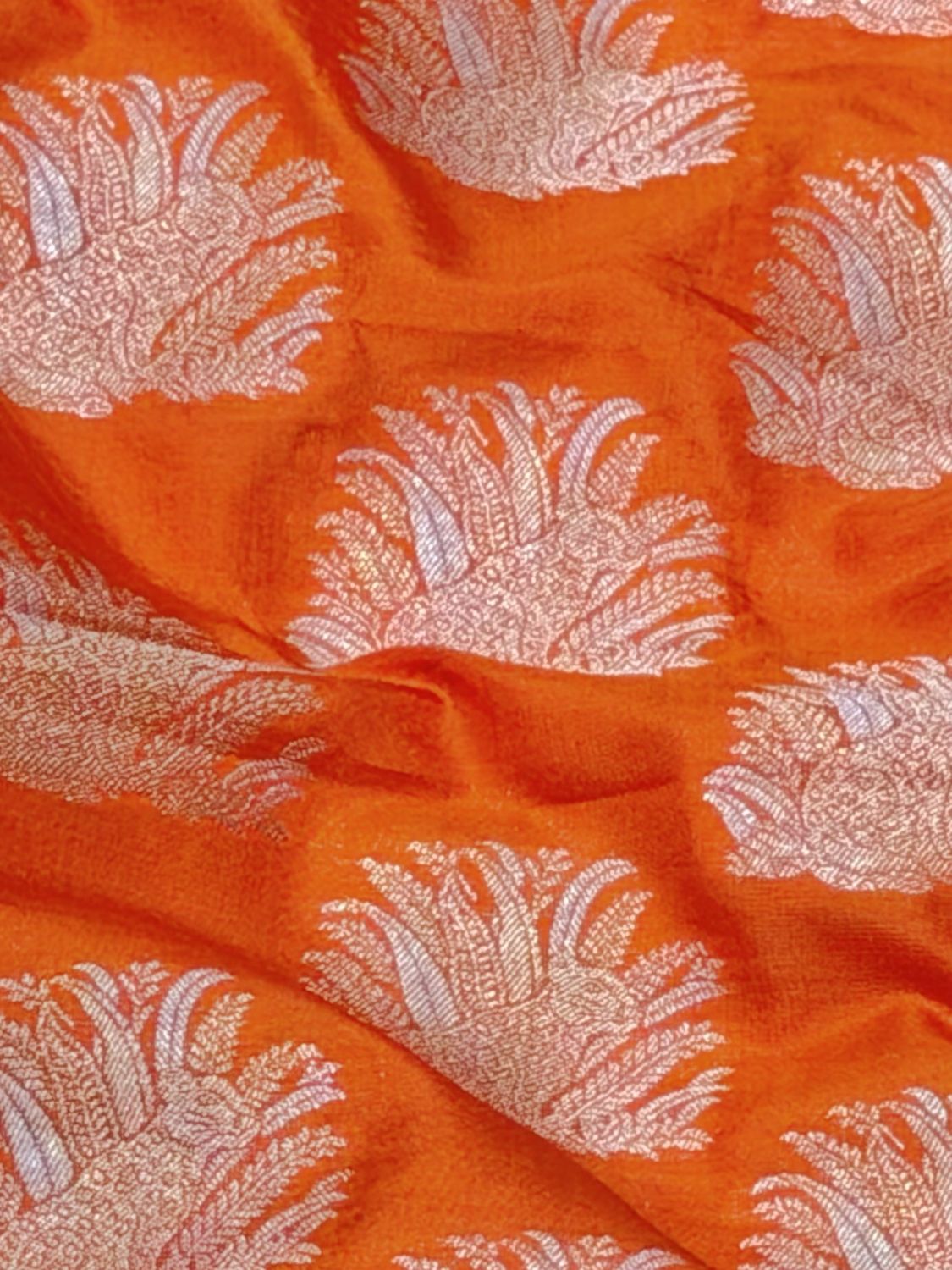 Orange Banarasi Allover Shikarghah Sona -Rupa Pure Katan Silk Fabric