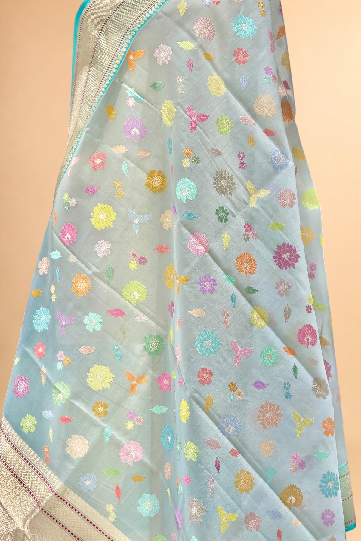 Pastel Blue Pure Organza Silk Dupatta with Katan Border