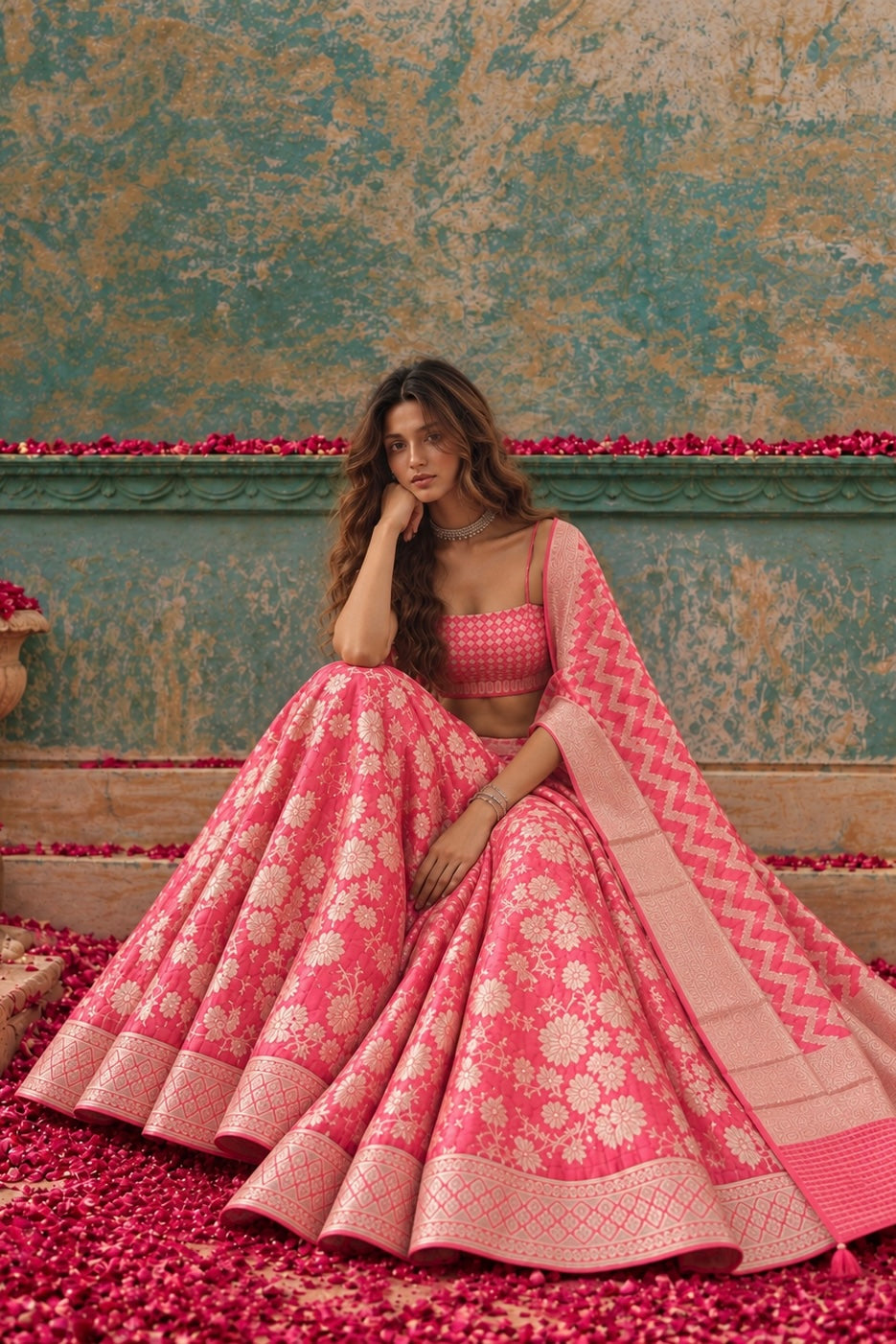 Rose Pink Floral Banarasi Pure Organza Silk Lehenga