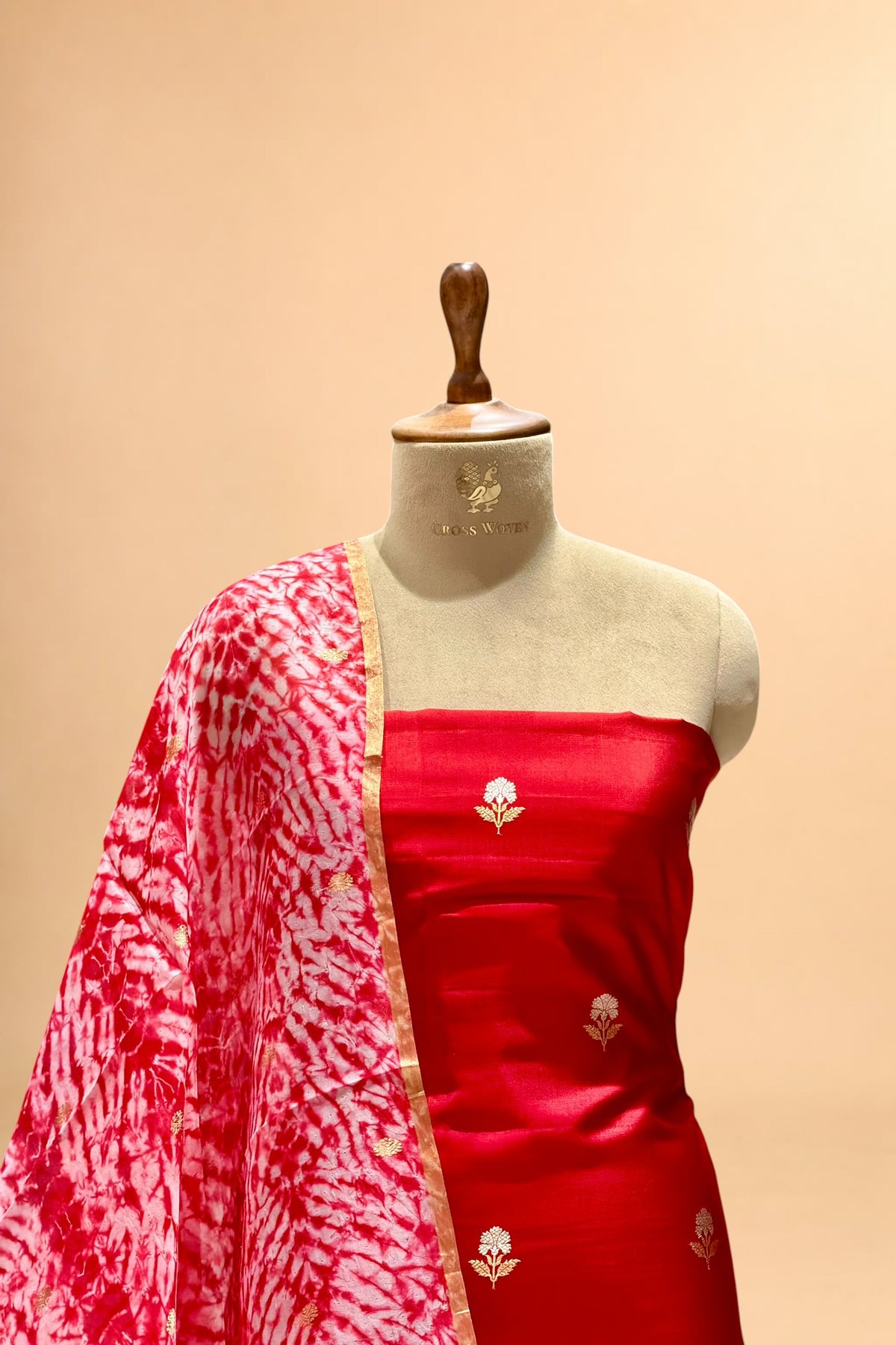 Red Pure Soft Silk Suit Set With Organza Shibori Dye Dupatta