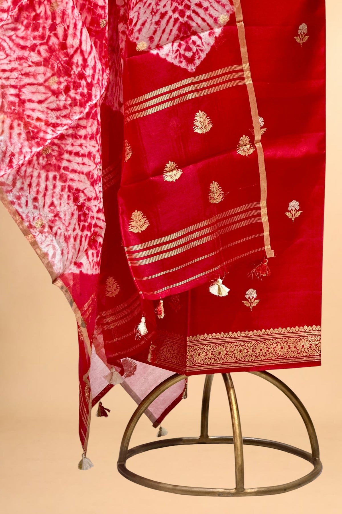Red Pure Soft Silk Suit Set With Organza Shibori Dye Dupatta