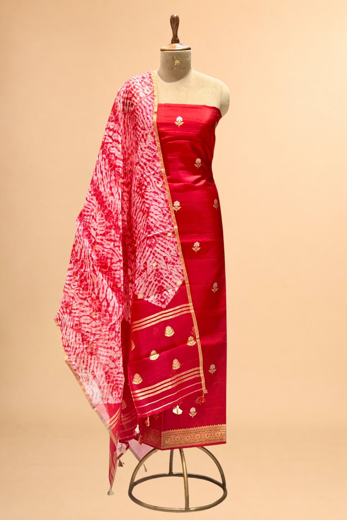 Red Pure Soft Silk Suit Set With Organza Shibori Dye Dupatta