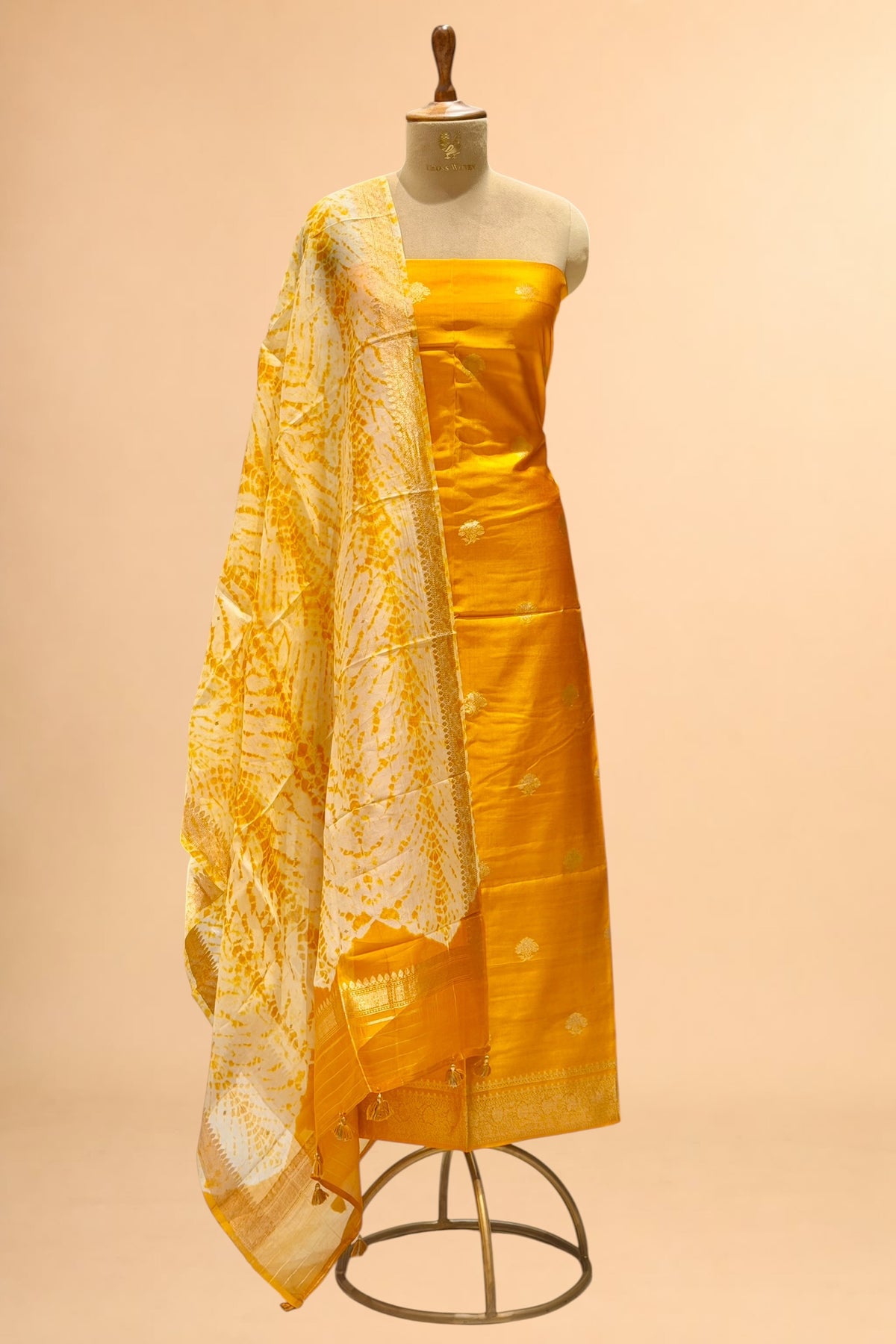 Yellow Pure Soft Silk Suit Set With Organza Shibori Dye Dupatta