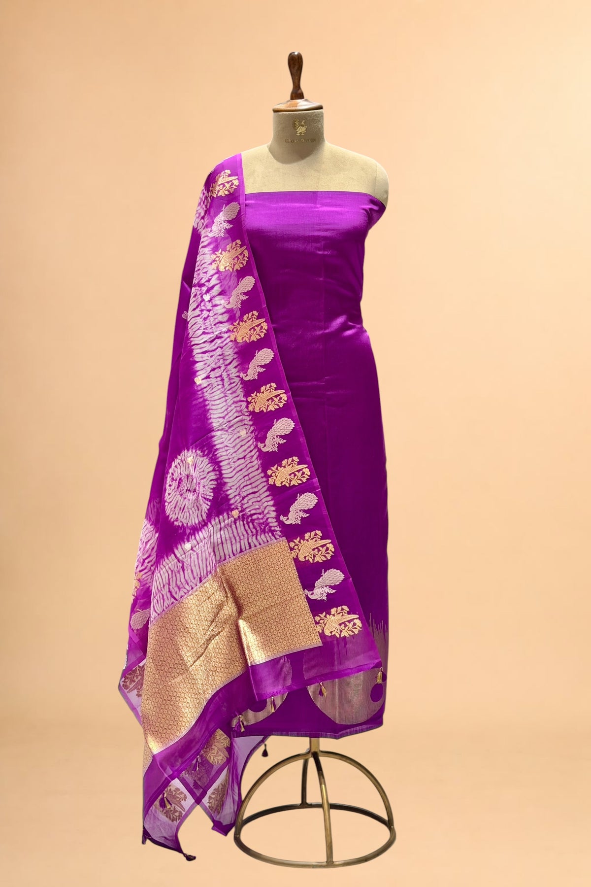 Purple Pure Soft Silk Suit Set With Organza Shibori Dye Dupatta